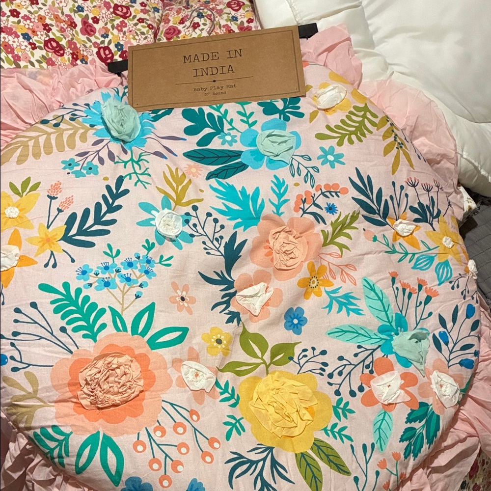 Pink ruffled Baby Play Mat - 35" Round - floral textured sensory print